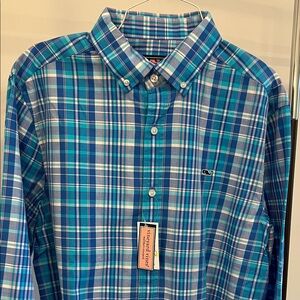 Vineyard Vines Men's Blue and White Plaid Shirt